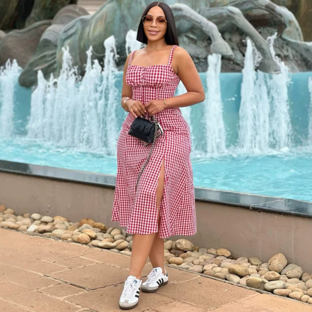 African Print Square Neck Spaghetti Strap Slim Fit Plaid Slit Maxi Dress